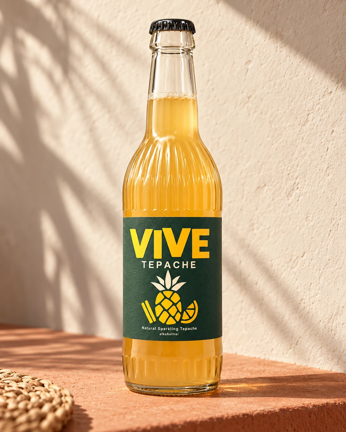 VIVE Tepache in einer Glasflasche mit grün-gelbem Etikett, im warmen Sonnenlicht